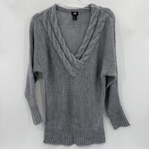 H&M Wool Mohair Blend Sweater Size XS Oversized Grey Cable Knit Collar V Neck